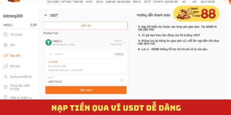 Nạp tiền qua ví USDT dễ dàng
