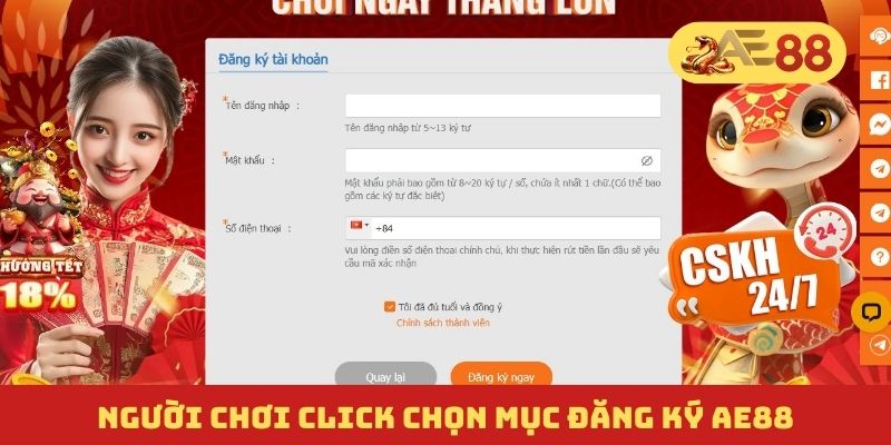 Người chơi click chọn mục đăng ký AE88 Người chơi click chọn mục đăng ký AE88